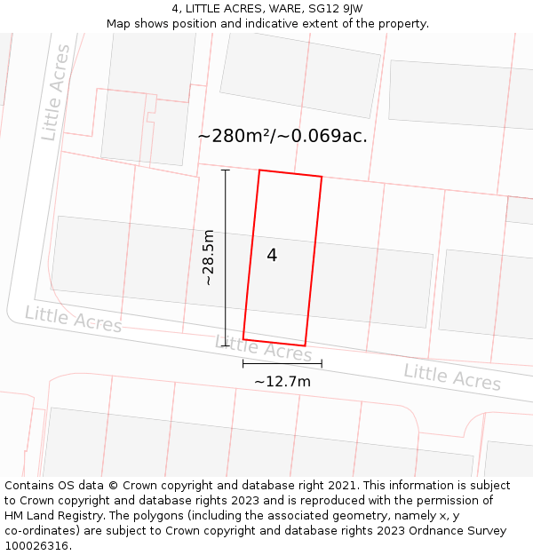 4, LITTLE ACRES, WARE, SG12 9JW: Plot and title map