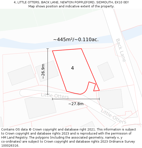 4, LITTLE OTTERS, BACK LANE, NEWTON POPPLEFORD, SIDMOUTH, EX10 0EY: Plot and title map