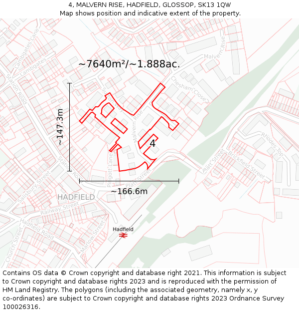 4, MALVERN RISE, HADFIELD, GLOSSOP, SK13 1QW: Plot and title map