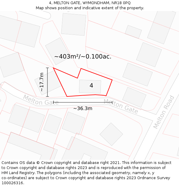 4, MELTON GATE, WYMONDHAM, NR18 0PQ: Plot and title map
