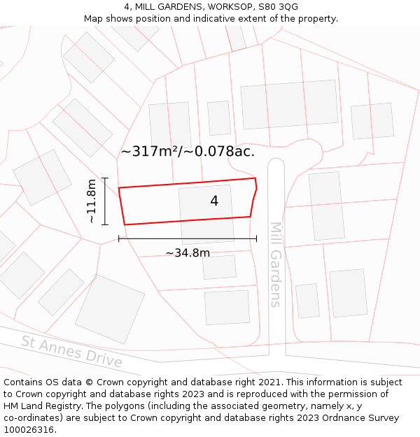 4, MILL GARDENS, WORKSOP, S80 3QG: Plot and title map