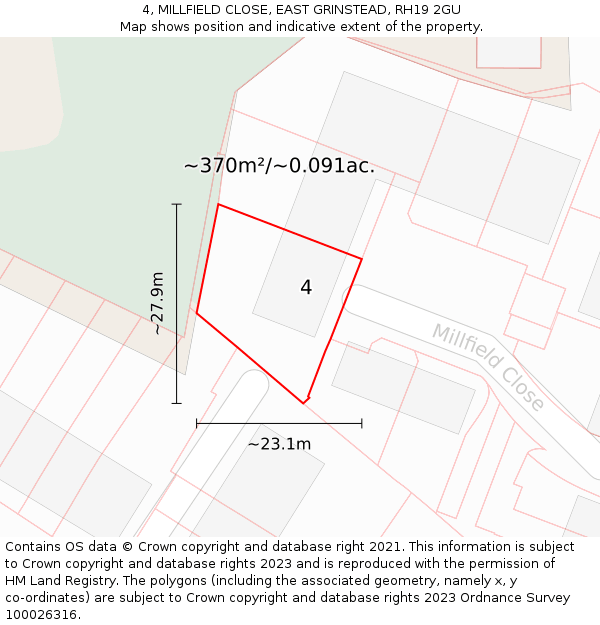 4, MILLFIELD CLOSE, EAST GRINSTEAD, RH19 2GU: Plot and title map