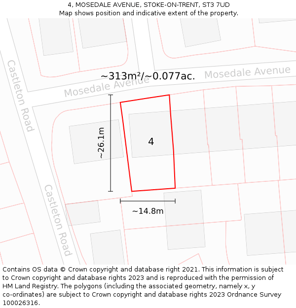 4, MOSEDALE AVENUE, STOKE-ON-TRENT, ST3 7UD: Plot and title map