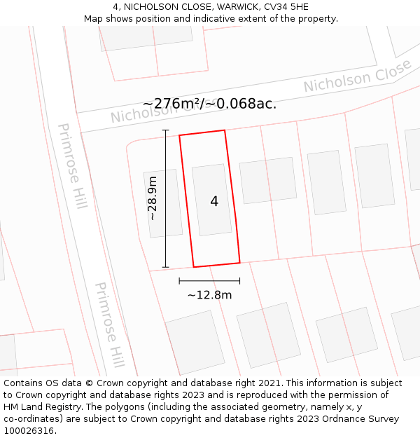 4, NICHOLSON CLOSE, WARWICK, CV34 5HE: Plot and title map