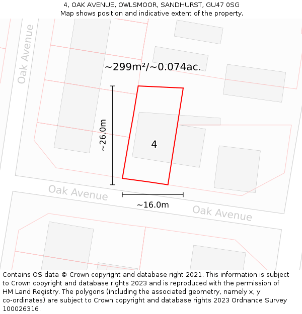 4, OAK AVENUE, OWLSMOOR, SANDHURST, GU47 0SG: Plot and title map