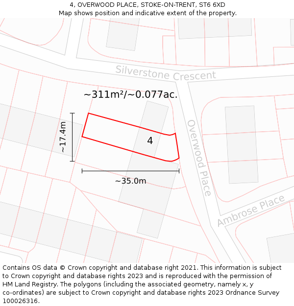 4, OVERWOOD PLACE, STOKE-ON-TRENT, ST6 6XD: Plot and title map