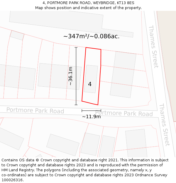 4, PORTMORE PARK ROAD, WEYBRIDGE, KT13 8ES: Plot and title map