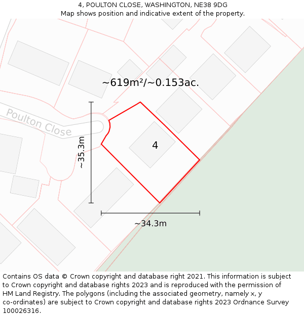 4, POULTON CLOSE, WASHINGTON, NE38 9DG: Plot and title map