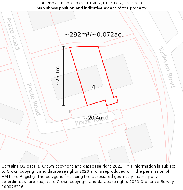 4, PRAZE ROAD, PORTHLEVEN, HELSTON, TR13 9LR: Plot and title map