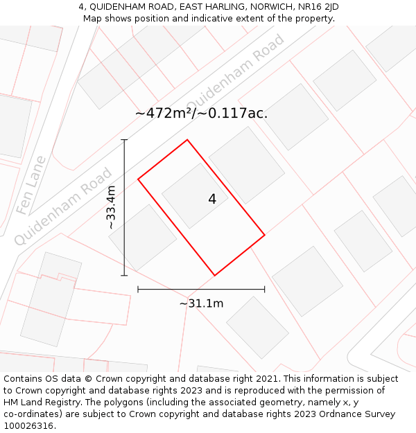 4, QUIDENHAM ROAD, EAST HARLING, NORWICH, NR16 2JD: Plot and title map