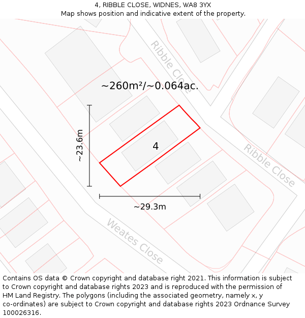 4, RIBBLE CLOSE, WIDNES, WA8 3YX: Plot and title map