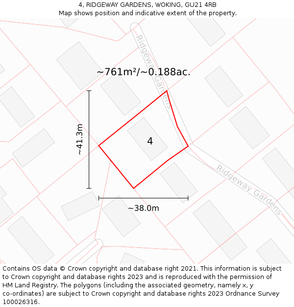 4, RIDGEWAY GARDENS, WOKING, GU21 4RB: Plot and title map