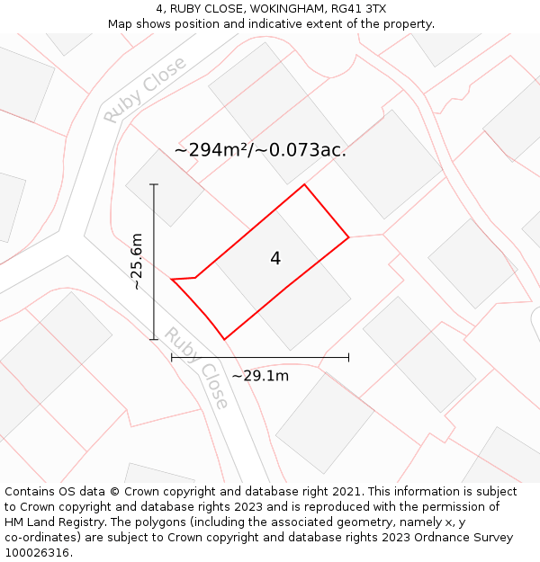 4, RUBY CLOSE, WOKINGHAM, RG41 3TX: Plot and title map