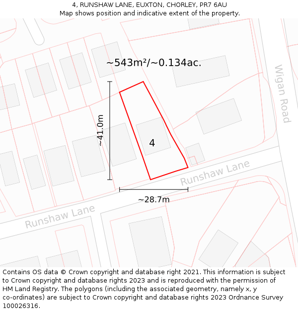 4, RUNSHAW LANE, EUXTON, CHORLEY, PR7 6AU: Plot and title map