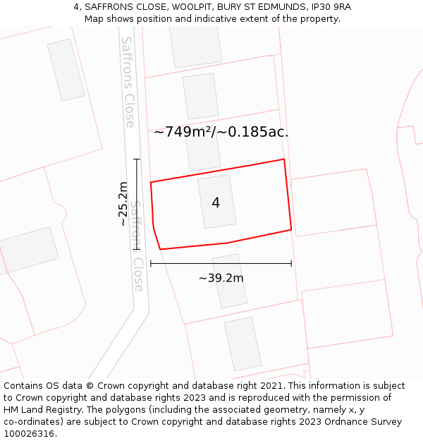 4, SAFFRONS CLOSE, WOOLPIT, BURY ST EDMUNDS, IP30 9RA: Plot and title map