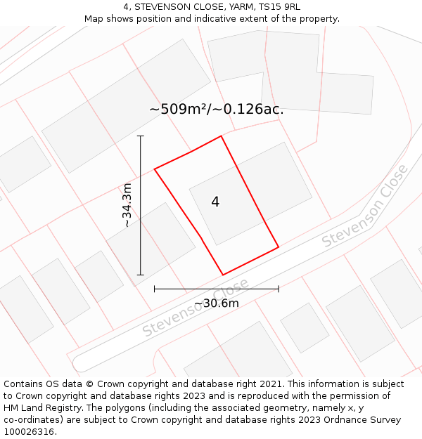 4, STEVENSON CLOSE, YARM, TS15 9RL: Plot and title map