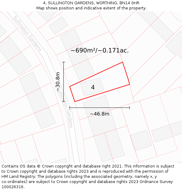 4, SULLINGTON GARDENS, WORTHING, BN14 0HR: Plot and title map