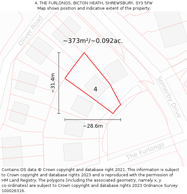 4, THE FURLONGS, BICTON HEATH, SHREWSBURY, SY3 5FW: Plot and title map