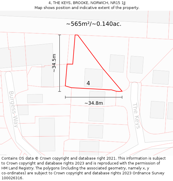 4, THE KEYS, BROOKE, NORWICH, NR15 1JJ: Plot and title map