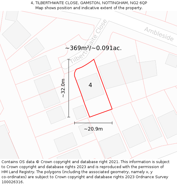 4, TILBERTHWAITE CLOSE, GAMSTON, NOTTINGHAM, NG2 6QP: Plot and title map