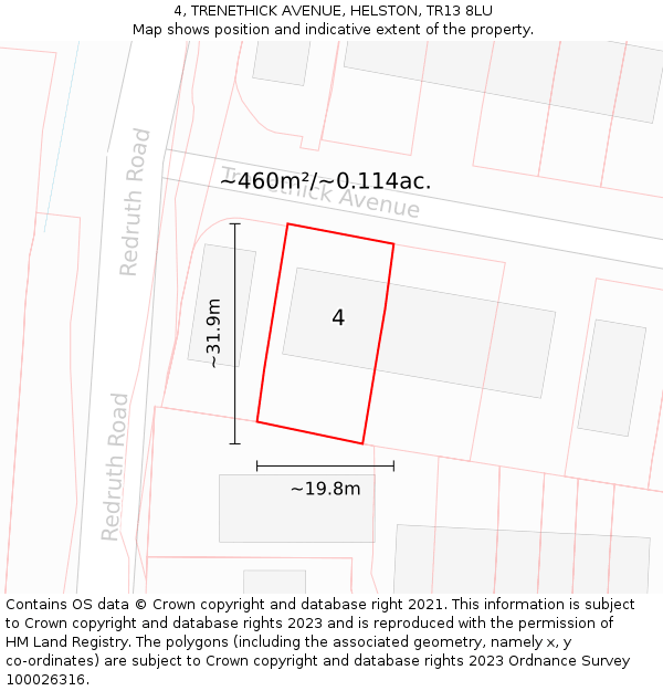 4, TRENETHICK AVENUE, HELSTON, TR13 8LU: Plot and title map