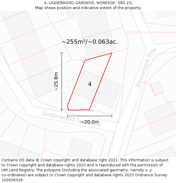 4, UNDERWOOD GARDENS, WORKSOP, S80 1YL: Plot and title map