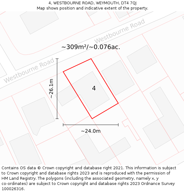 4, WESTBOURNE ROAD, WEYMOUTH, DT4 7QJ: Plot and title map