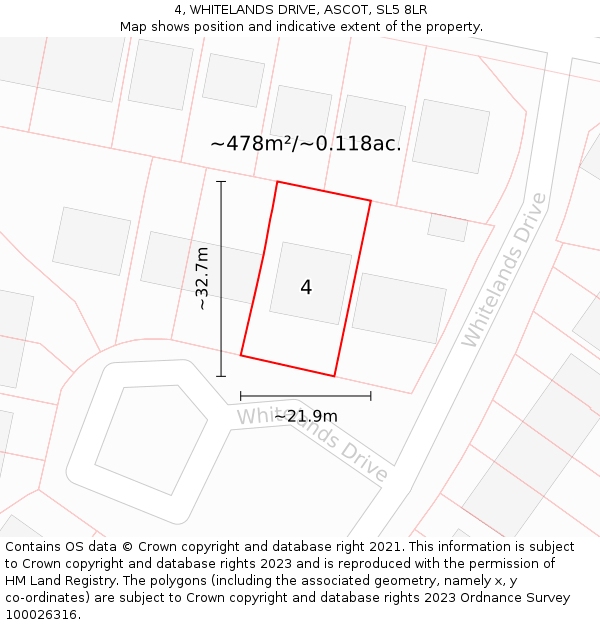 4, WHITELANDS DRIVE, ASCOT, SL5 8LR: Plot and title map