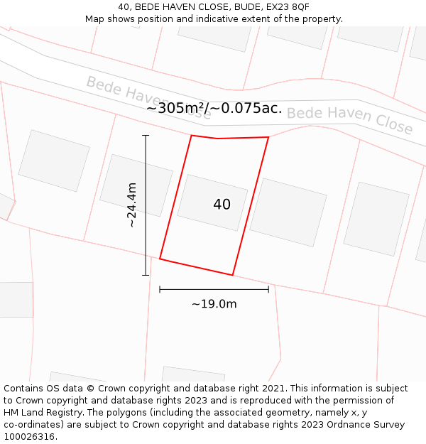 40, BEDE HAVEN CLOSE, BUDE, EX23 8QF: Plot and title map