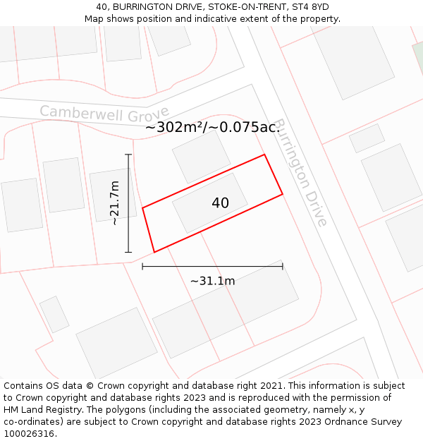 40, BURRINGTON DRIVE, STOKE-ON-TRENT, ST4 8YD: Plot and title map