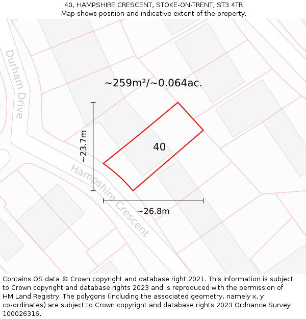 40, HAMPSHIRE CRESCENT, STOKE-ON-TRENT, ST3 4TR: Plot and title map