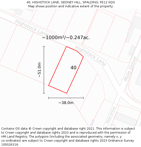 40, HIGHSTOCK LANE, GEDNEY HILL, SPALDING, PE12 0QG: Plot and title map