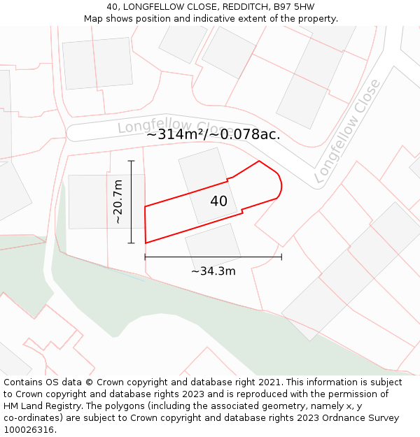 40, LONGFELLOW CLOSE, REDDITCH, B97 5HW: Plot and title map