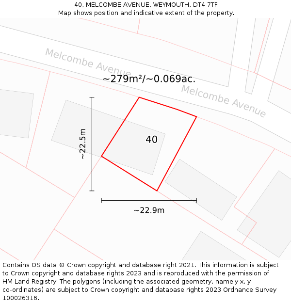 40, MELCOMBE AVENUE, WEYMOUTH, DT4 7TF: Plot and title map