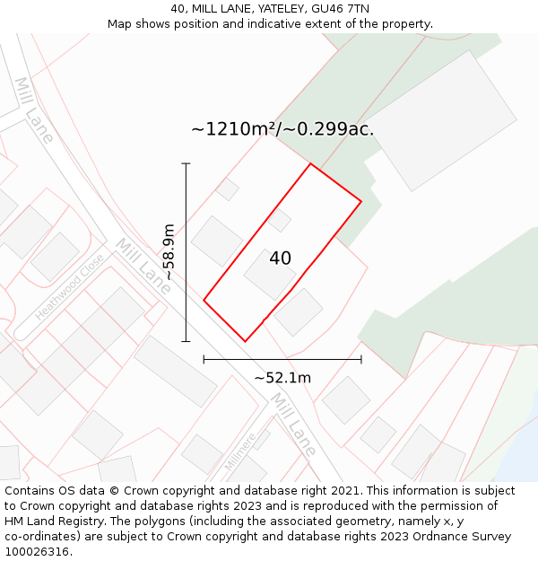 40, MILL LANE, YATELEY, GU46 7TN: Plot and title map