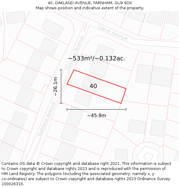 40, OAKLAND AVENUE, FARNHAM, GU9 9DX: Plot and title map