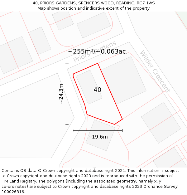 40, PRIORS GARDENS, SPENCERS WOOD, READING, RG7 1WS: Plot and title map