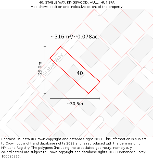 40, STABLE WAY, KINGSWOOD, HULL, HU7 3FA: Plot and title map