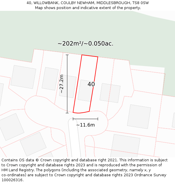 40, WILLOWBANK, COULBY NEWHAM, MIDDLESBROUGH, TS8 0SW: Plot and title map