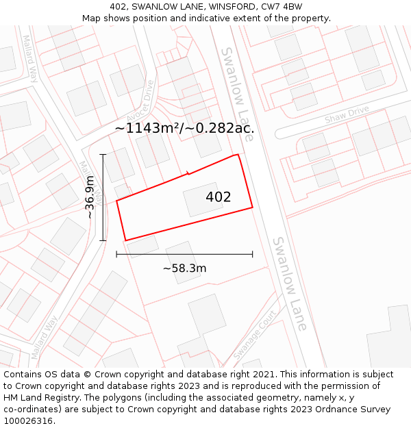 402, SWANLOW LANE, WINSFORD, CW7 4BW: Plot and title map