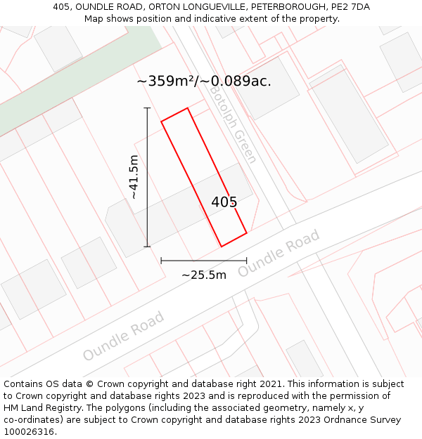 405, OUNDLE ROAD, ORTON LONGUEVILLE, PETERBOROUGH, PE2 7DA: Plot and title map
