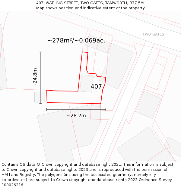 407, WATLING STREET, TWO GATES, TAMWORTH, B77 5AL: Plot and title map