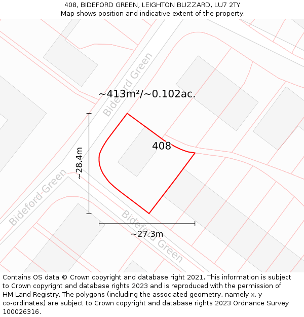 408, BIDEFORD GREEN, LEIGHTON BUZZARD, LU7 2TY: Plot and title map