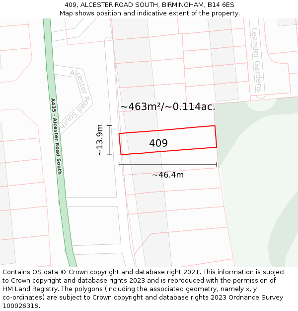 409, ALCESTER ROAD SOUTH, BIRMINGHAM, B14 6ES: Plot and title map