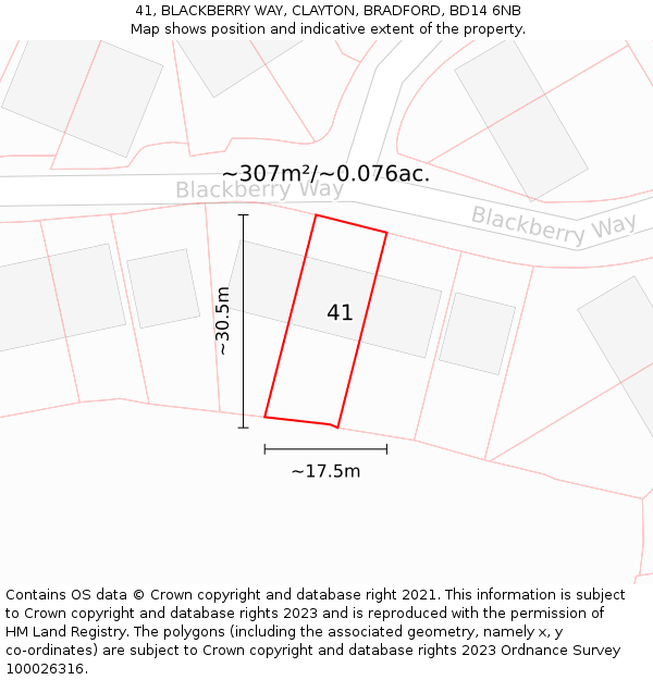 41, BLACKBERRY WAY, CLAYTON, BRADFORD, BD14 6NB: Plot and title map