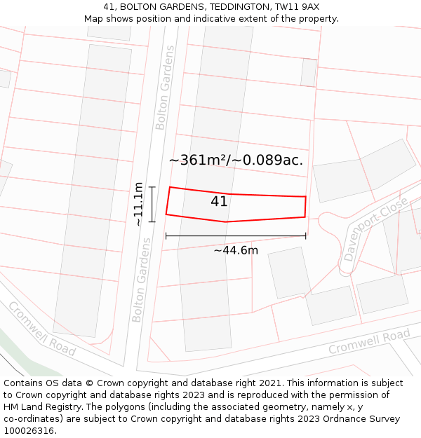 41, BOLTON GARDENS, TEDDINGTON, TW11 9AX: Plot and title map