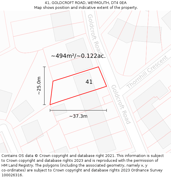 41, GOLDCROFT ROAD, WEYMOUTH, DT4 0EA: Plot and title map