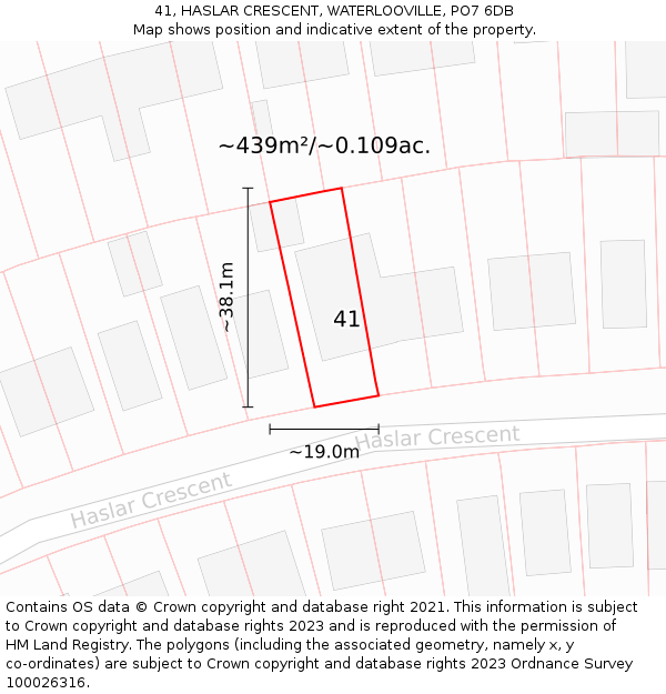 41, HASLAR CRESCENT, WATERLOOVILLE, PO7 6DB: Plot and title map