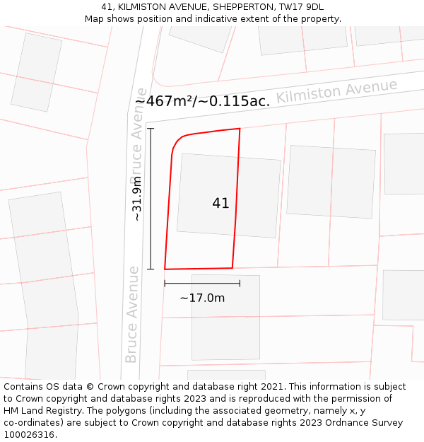 41, KILMISTON AVENUE, SHEPPERTON, TW17 9DL: Plot and title map