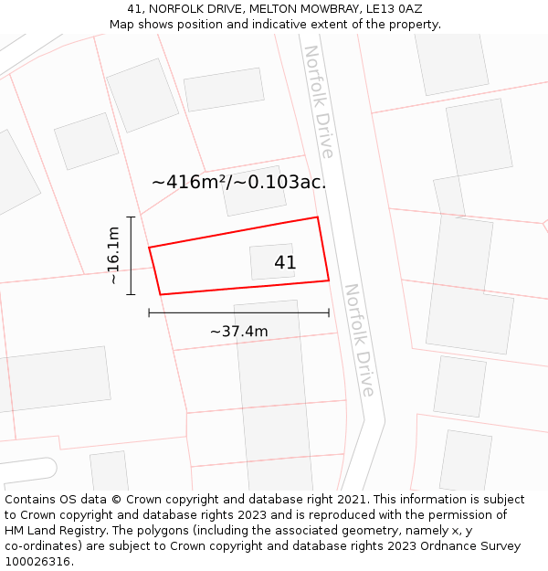 41, NORFOLK DRIVE, MELTON MOWBRAY, LE13 0AZ: Plot and title map